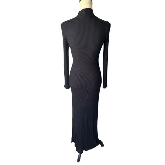 Reformation Albee Black Ribbed Long Sleeve Mock Neck Maxi Dress Side Slit - XS - Picture 5 of 11